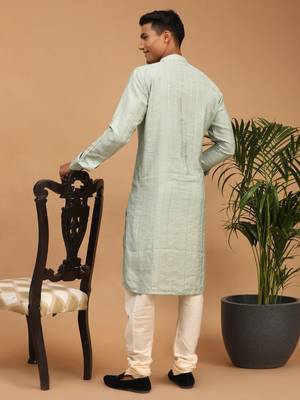 Men'S Green And Cream Cotton Blend Kurta Pyjama Set 3