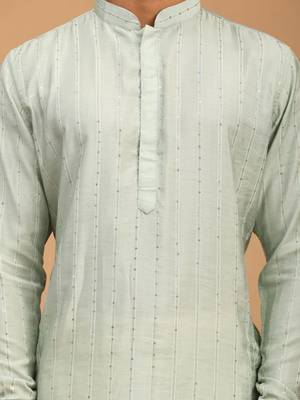 Men'S Green And Cream Cotton Blend Kurta Pyjama Set 4