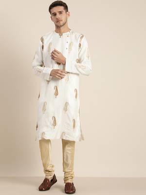Men'S White And Gold Silk Blend Kurta Pyjama Set 1