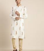Men'S White And Gold Silk Blend Kurta Pyjama Set