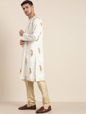 Men'S White And Gold Silk Blend Kurta Pyjama Set 2