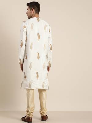 Men'S White And Gold Silk Blend Kurta Pyjama Set 3