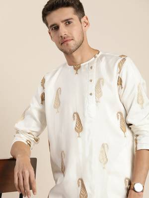 Men'S White And Gold Silk Blend Kurta Pyjama Set 4