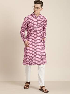 Pink And White Cotton Blend Kurta Pyjama Set 1