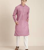 Pink And White Cotton Blend Kurta Pyjama Set