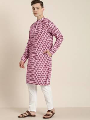 Pink And White Cotton Blend Kurta Pyjama Set 2