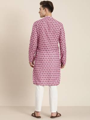 Pink And White Cotton Blend Kurta Pyjama Set 3