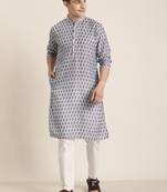 Men'S Grey And White Cotton Blend Kurta Pyjama Set