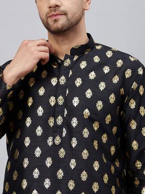 Black Dupion Silk Kurta Pyjama Set 4