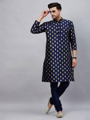 Navy Blue Dupion Silk Kurta Pyjama Set 1