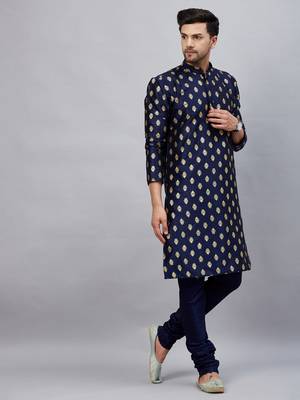 Navy Blue Dupion Silk Kurta Pyjama Set 2