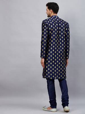 Navy Blue Dupion Silk Kurta Pyjama Set 3