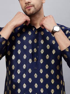 Navy Blue Dupion Silk Kurta Pyjama Set 4