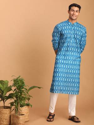 Turquoise Cotton Blend Kurta Pyjama Set 1