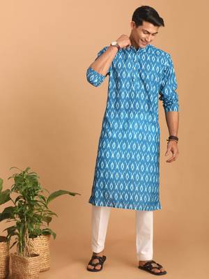 Turquoise Cotton Blend Kurta Pyjama Set 2