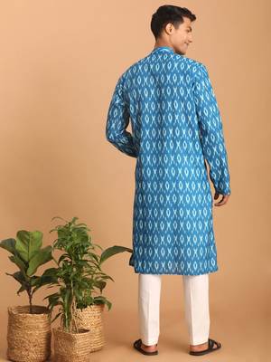 Turquoise Cotton Blend Kurta Pyjama Set 3
