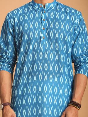 Turquoise Cotton Blend Kurta Pyjama Set 4