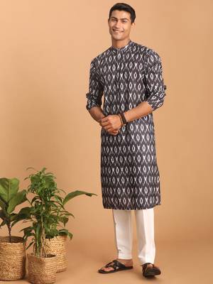 Black Cotton Blend Kurta Pyjama Set 2