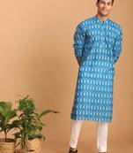 Men'S Turquoise Cotton Blend Kurta Pyjama Set