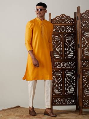 Men'S Yellow Cotton Blend Kurta 1
