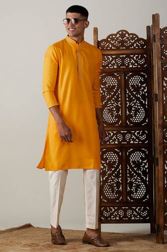 Men'S Yellow Cotton Blend Kurta