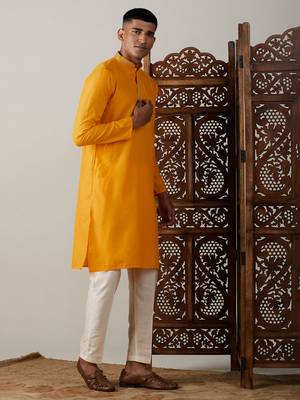 Men'S Yellow Cotton Blend Kurta 2