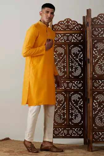 Men'S Yellow Cotton Blend Kurta