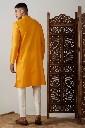 Men'S Yellow Cotton Blend Kurta
