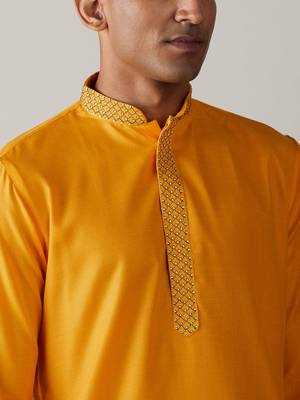 Men'S Yellow Cotton Blend Kurta 4