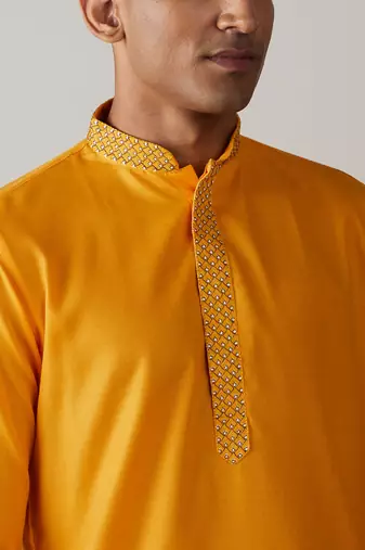 Men'S Yellow Cotton Blend Kurta
