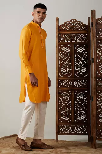 Yellow Cotton Blend Kurta
