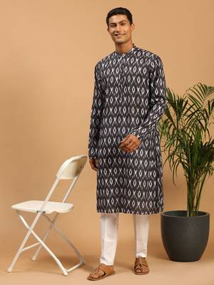 Black Cotton Blend Kurta Pyjama Set 2