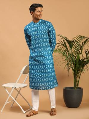 Turquoise Cotton Blend Kurta & Pyjama 1