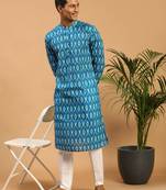 Men'S Turquoise Cotton Blend Kurta & Pyjama