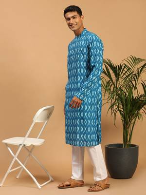 Turquoise Cotton Blend Kurta & Pyjama 2