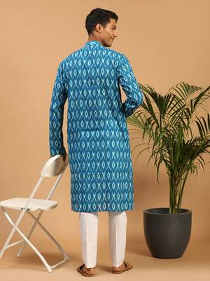 Turquoise Cotton Blend Kurta & Pyjama 3