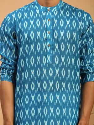Turquoise Cotton Blend Kurta & Pyjama 4
