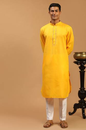 Men'S Yellow Cotton Blend Kurta & Pyjama Set