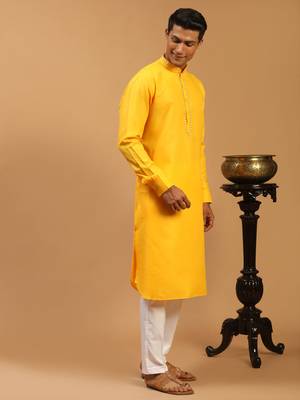 Men'S Yellow Cotton Blend Kurta & Pyjama Set 2