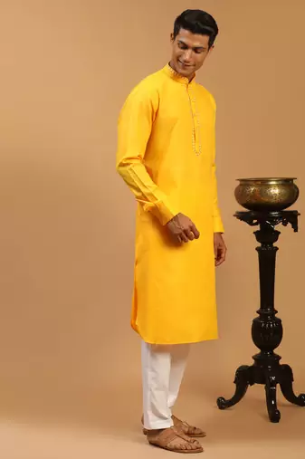 Men'S Yellow Cotton Blend Kurta & Pyjama Set