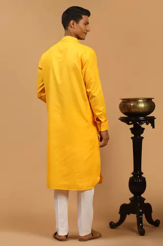 Men'S Yellow Cotton Blend Kurta & Pyjama Set