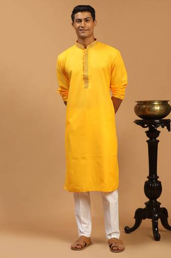 Men'S Yellow Cotton Blend Kurta & Pyjama Set