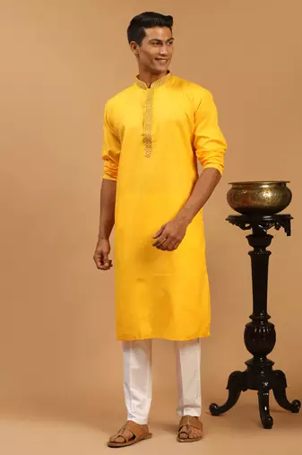 Men'S Yellow Cotton Blend Kurta & Pyjama Set