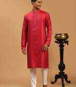Men'S Red Silk Blend Kurta & Pyjama