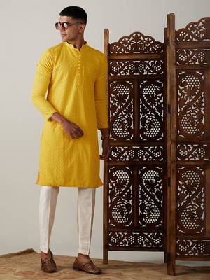 Men'S Yellow Georgette Kurta & Pyjama 1