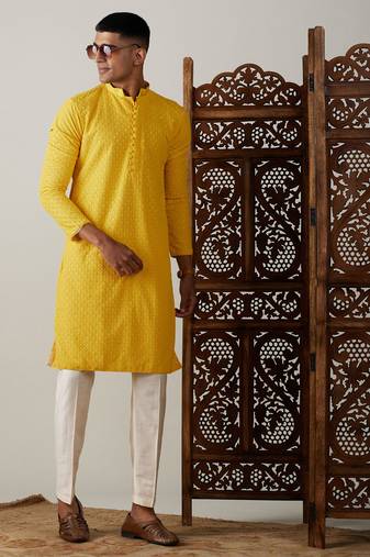 Men'S Yellow Georgette Kurta & Pyjama
