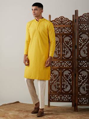 Men'S Yellow Georgette Kurta & Pyjama 2