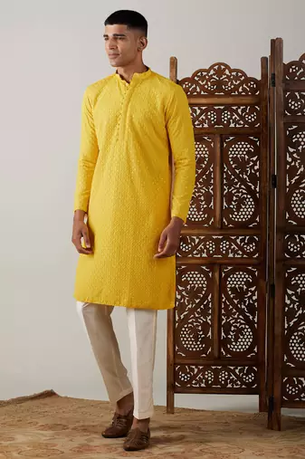 Men'S Yellow Georgette Kurta & Pyjama