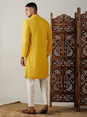 Men'S Yellow Georgette Kurta & Pyjama 3