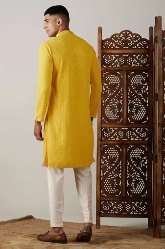 Men'S Yellow Georgette Kurta & Pyjama